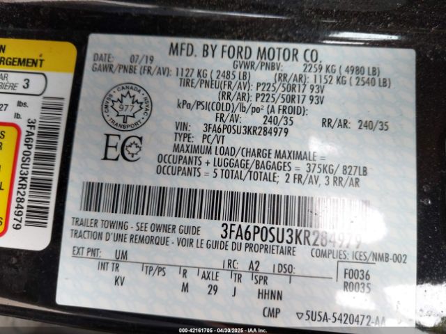 3FA6P0SU3KR284979 Ford Fusion Energi Titanium