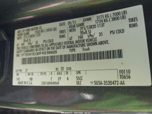 1FTEW1EG0FKE59929 Ford F-150 Lariat