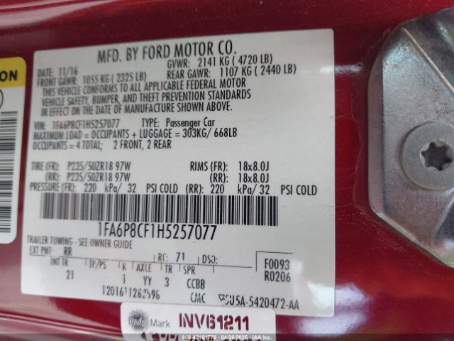2017 FORD MUSTANG 1FA6P8CF1H5257077 Photo 8