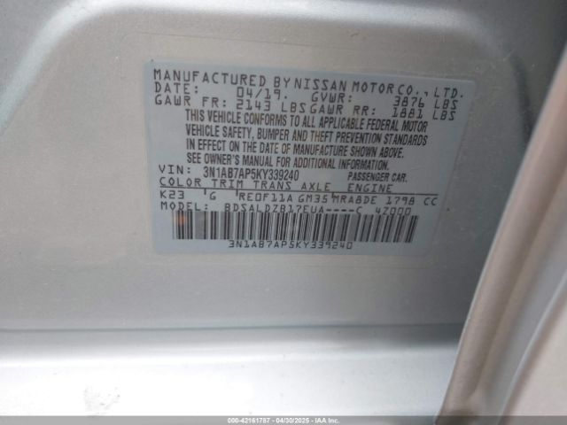 3N1AB7AP5KY339240 Nissan SENTRA SV