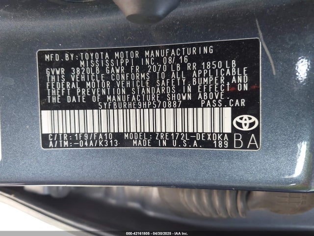 5YFBURHE9HP570887 Toyota COROLLA L