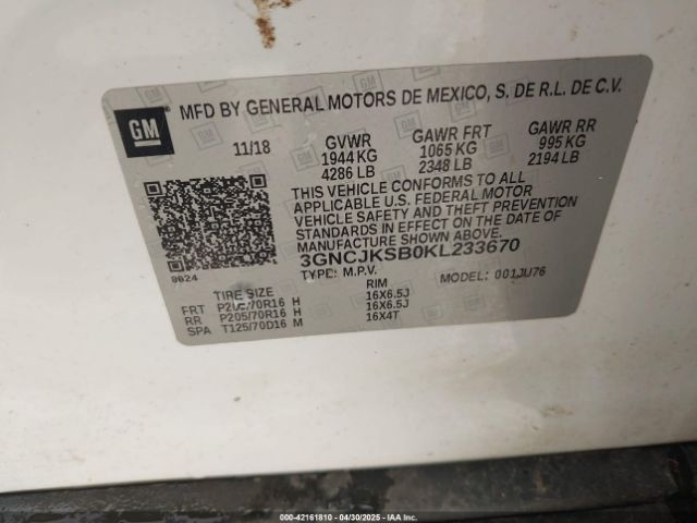 3GNCJKSB0KL233670 Chevrolet TRAX LS