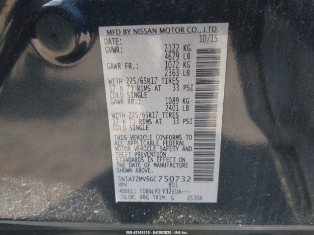 5N1AT2MV6GC750732 Nissan Rogue S/sl/sv