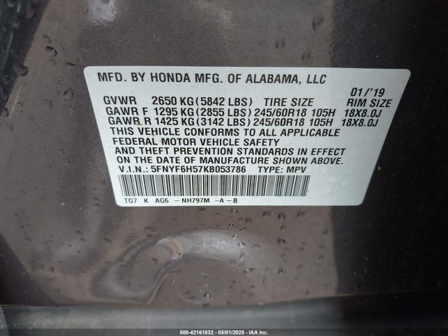 Honda Pilot Ex-l 2019 5FNYF6H57KB053786 Image 9