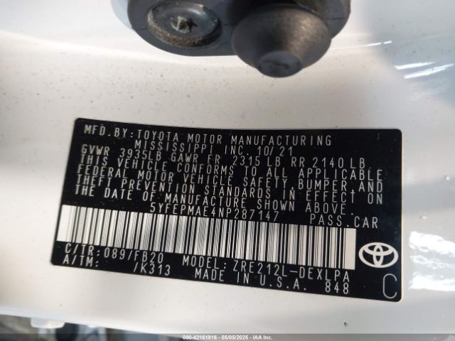 5YFEPMAE4NP287147 Toyota COROLLA LE