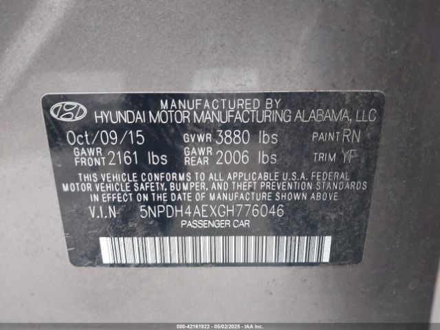 5NPDH4AEXGH776046 Hyundai ELANTRA SE