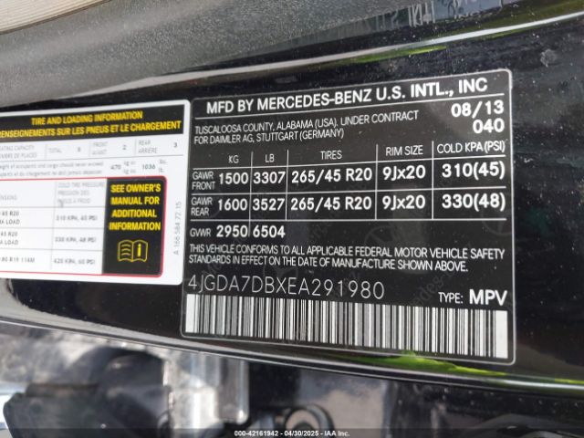 4JGDA7DBXEA291980 Mercedes-Benz Ml 550 4matic
