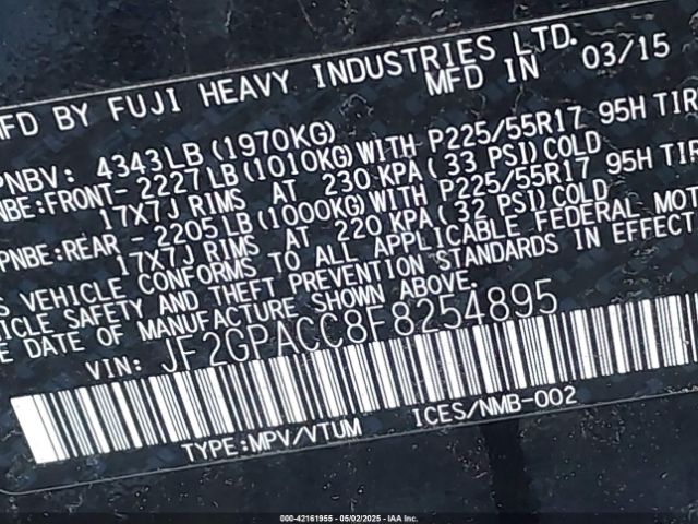 JF2GPACC8F8254895 Subaru Xv Crosstrek 2.0i Premium