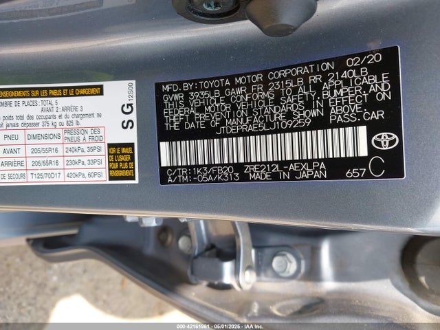 JTDEPRAE5LJ109259 Toyota COROLLA LE