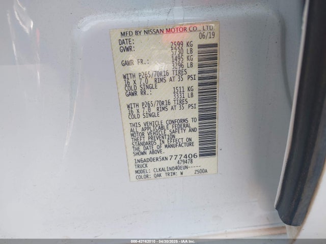 1N6AD0ER5KN777406 Nissan FRONTIER S