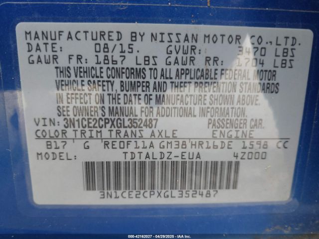 3N1CE2CPXGL352487 Nissan Versa Note S (sr)/s Plus/sl/sr/sv