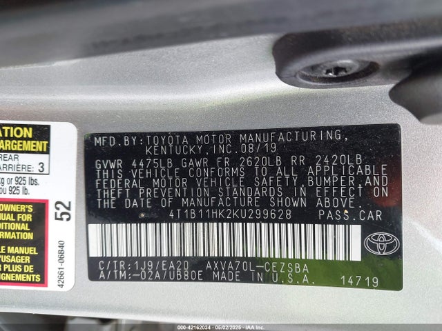 4T1B11HK2KU299628 Toyota CAMRY SE