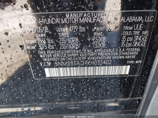 5NMS33AD9KH035402 Hyundai Santa Fe Sel Plus