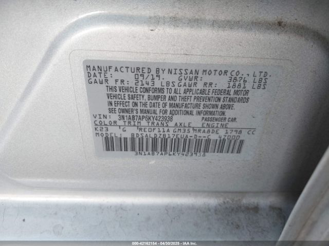 3N1AB7AP6KY423938 Nissan SENTRA SV