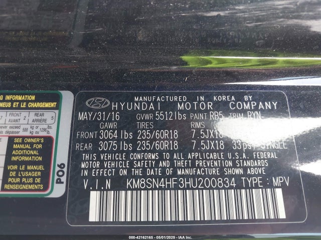 KM8SN4HF3HU200834 Hyundai Santa Fe Se