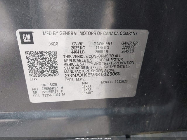 2GNAXKEV3K6125060 Chevrolet EQUINOX LT