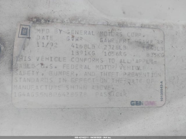 1993 Buick Century Special მანქანა იყიდება აუქციონზე, vin: 1G4AG55N8P6428578, აუქციონის ნომერი: 42162211