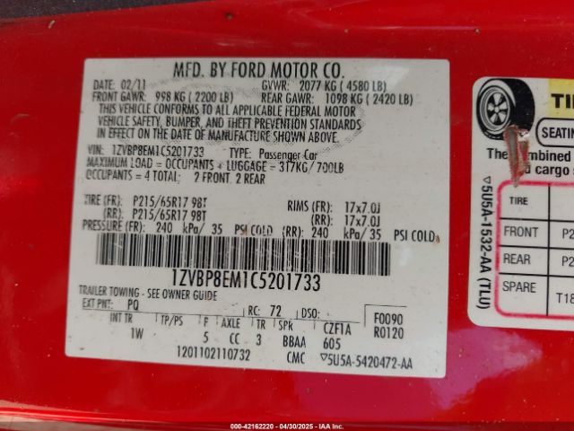 2012 FORD MUSTANG 1ZVBP8EM1C5201733 Photo 8