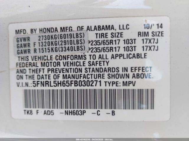 5FNRL5H65FB030271 Honda Odyssey Ex-l