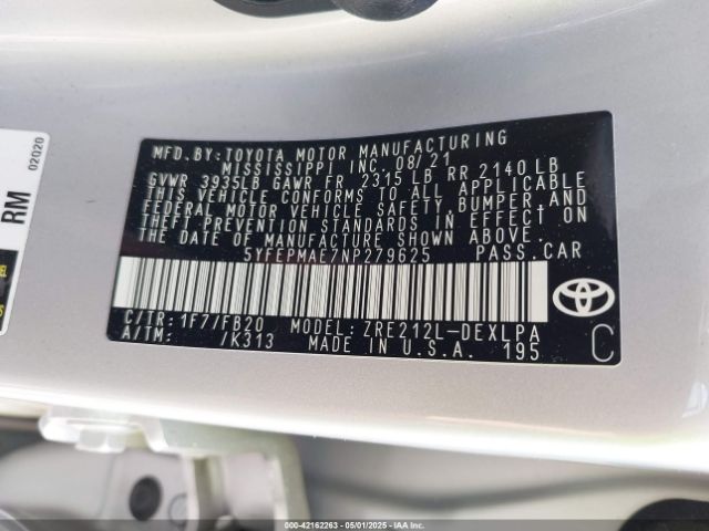 5YFEPMAE7NP279625 Toyota COROLLA LE