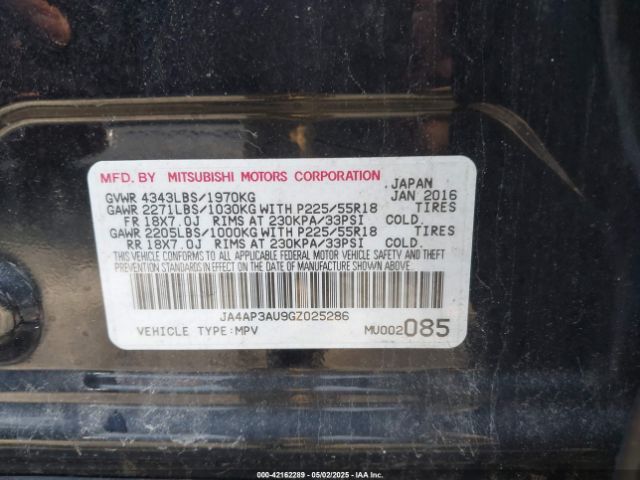 JA4AP3AU9GZ025286 Mitsubishi Outlander Sport 2.0 Es
