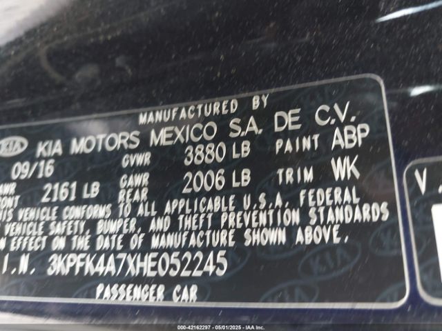3KPFK4A7XHE052245 KIA FORTE LX