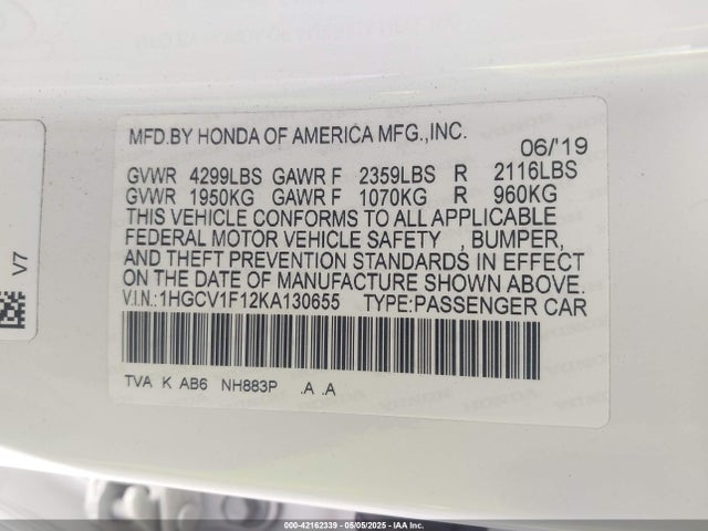 Honda l15be 2019 1HGCV1F12KA130655 Image 9