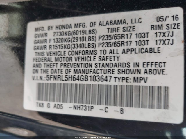 5FNRL5H64GB103647 Honda Odyssey Ex-l