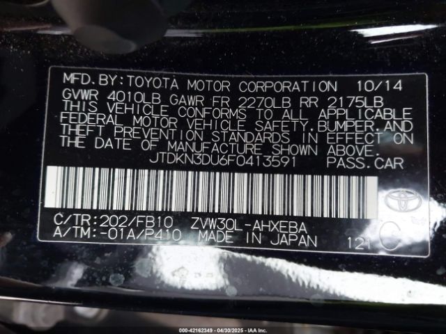 JTDKN3DU6F0413591 Toyota Prius Three