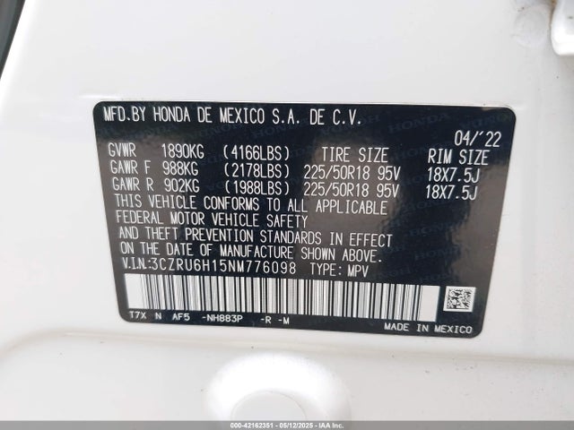 3CZRU6H15NM776098 Honda r18z9