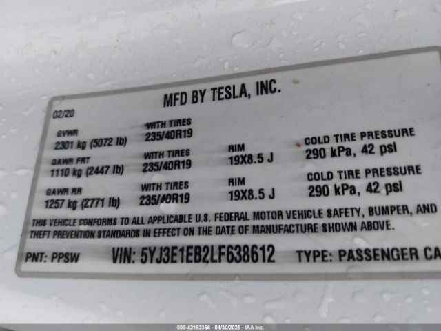 2020 TESLA MODEL 3 5YJ3E1EB2LF638612 Photo 8