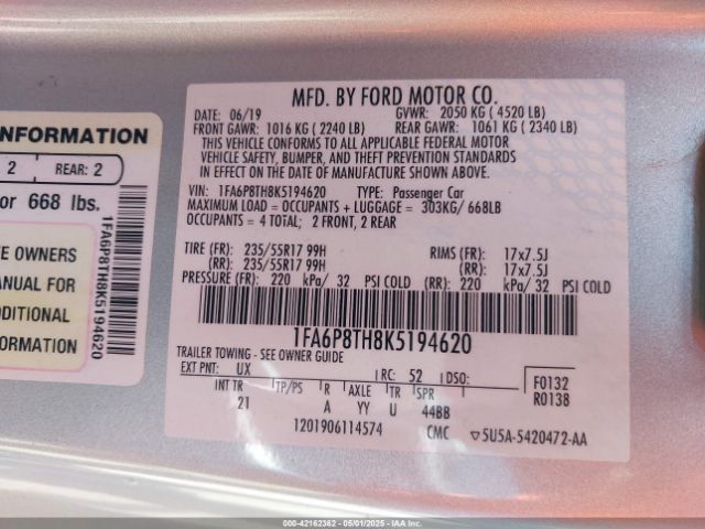 2019 FORD MUSTANG 1FA6P8TH8K5194620 Photo 8
