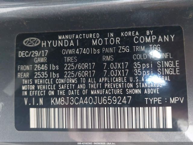 KM8J3CA40JU659247 Hyundai TUCSON SEL