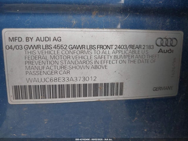 2003 AUDI A4 WAUJC68E33A373012 Photo 8