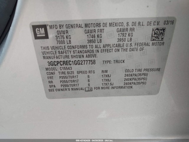 3GCPCREC1GG277758 Chevrolet l83 - sidi, vvt, afm, e85 max, aluminum