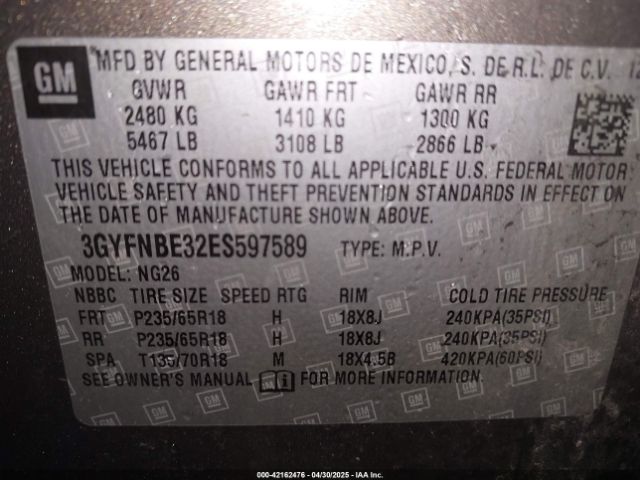 3GYFNBE32ES597589 Cadillac Srx Luxury Collection