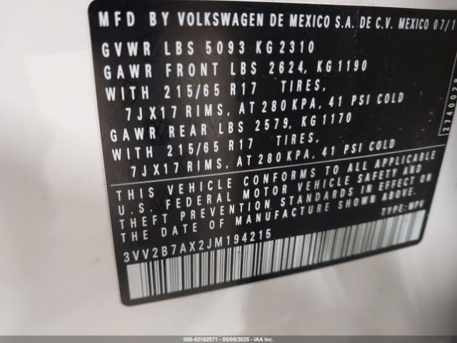 3VV2B7AX2JM194215 Volkswagen Tiguan 2.0t Se/2.0t Sel