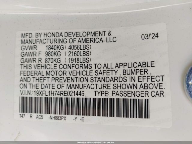 19XFL1H74RE021446 Honda Civic Ex-l