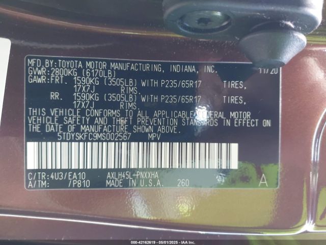5TDYSKFC9MS002567 Toyota SIENNA XLE