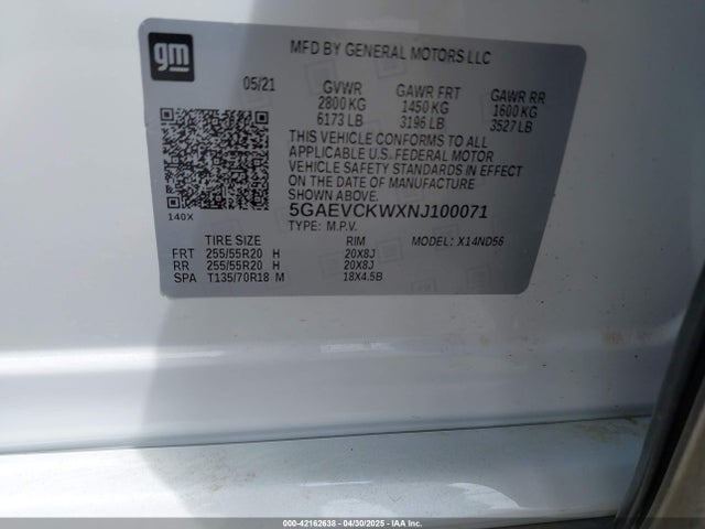 2022 Buick Enclave Awd Avenir მანქანა იყიდება აუქციონზე, vin: 5GAEVCKWXNJ100071, აუქციონის ნომერი: 42162638