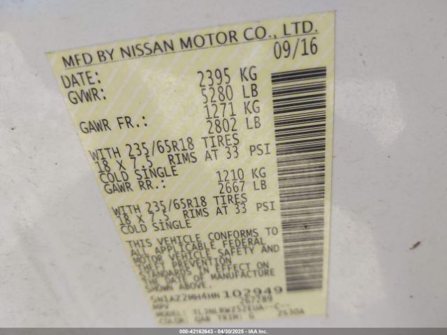 5N1AZ2MH4HN102949 Nissan MURANO SL