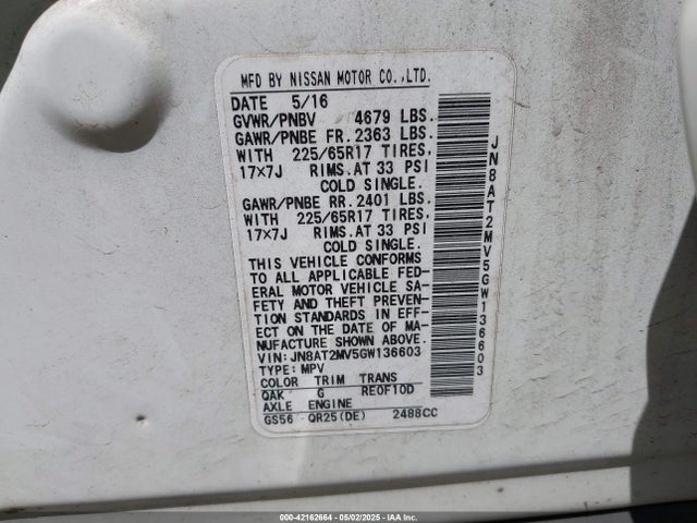 JN8AT2MV5GW136603 Nissan ROGUE S