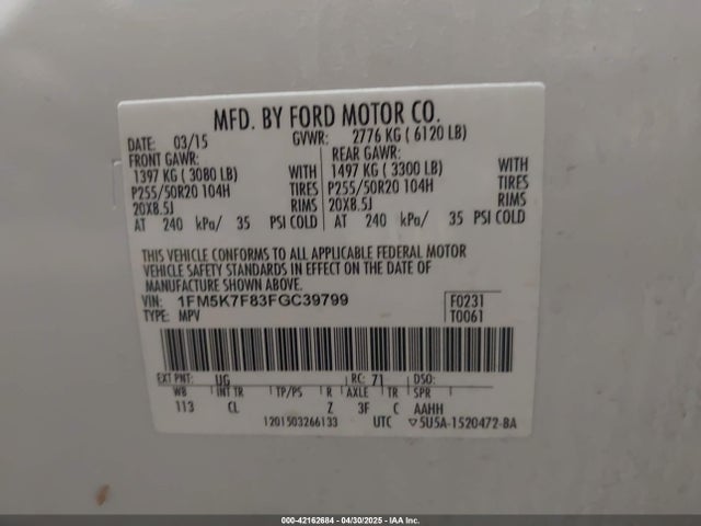 Ford Explorer 2015 1FM5K7F83FGC39799 Image 9