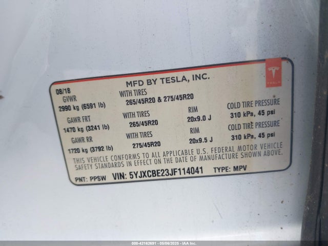 Продаж на аукціоні авто 2018 Tesla Model X 100d/75d/p100d, vin: 5YJXCBE23JF114041, номер лоту: 42162691