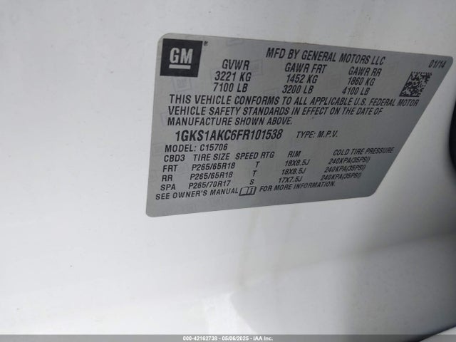 1GKS1AKC6FR101538 GMC l83 - vvt, active fuel management, aluminum