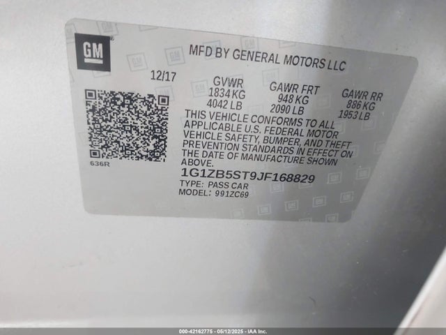 1G1ZB5ST9JF168829 Chevrolet lfv - direct injection, variable valve timing, gen 1