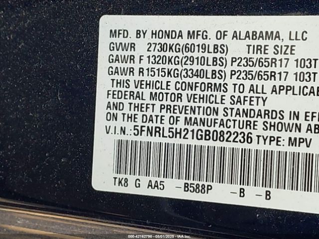 5FNRL5H21GB082236 Honda ODYSSEY LX