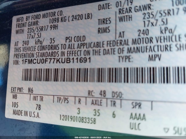 1FMCU0F77KUB11691 Ford ESCAPE S