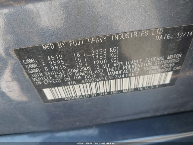 Subaru 2.5l u5 2015 4S3BNAE63F3041467 Image 9