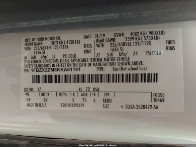 1FBZX2ZM6KKA61191 Ford Transit-350 Xlt